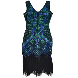 1920s Flapper Dress Full-Sequin Fringe Costume Party Unique Vintage Size Medium